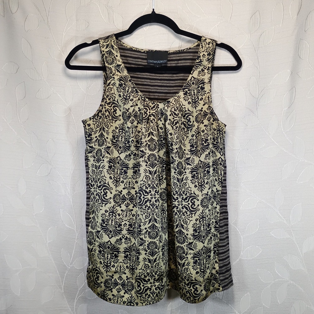 Cynthia Rowley Mixed Media Tank Top Damask Print Striped Back Black Tan Small